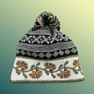 Peruvian Link Alpaca Knit Pom Pom Beanie Hat Black Cream Floral Fair Isle Boho